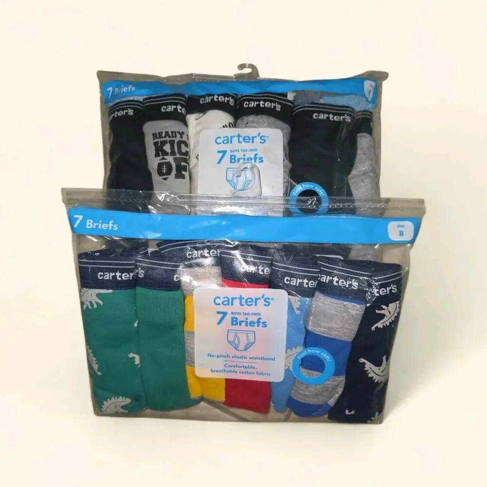 Lot of 10 Carter's Boys 7-Pack Briefs Size 8 variety 100% Cotton Dinosaur/Sports